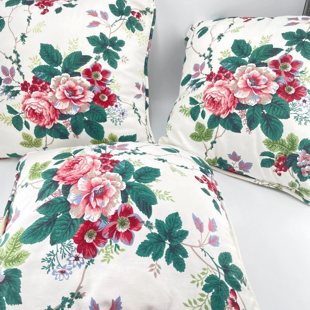 Waverly Roseberry Garden Floral Throw Pillows Set of 3 Red Green Cream 16x16